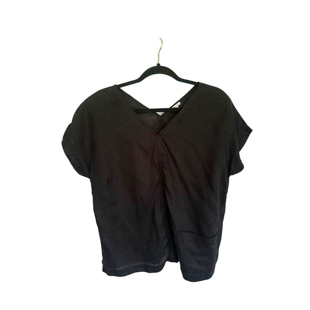 Garnet Hill Black V-Neck Linen Short Sleeve Top